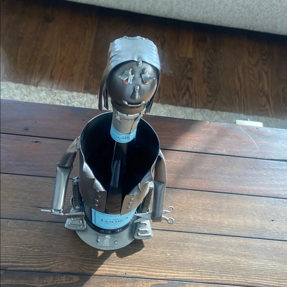 Original H & K Steel Sculptures LTD Silver Female hair dresser wine holder